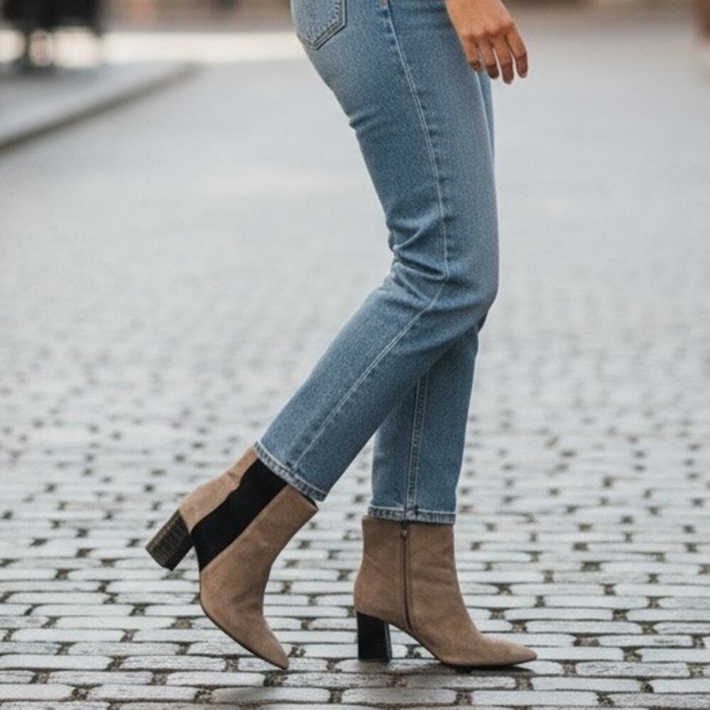 Shoes Of Prey Booties Womens 7 Tan Suede Leather Heeled Ankle Boots Pointed Toe